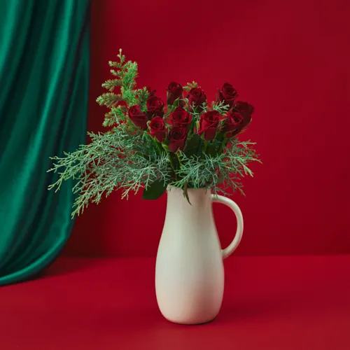 上品な12本のバラのブーケ×フラワーベース【クリスマス】Carol vase M