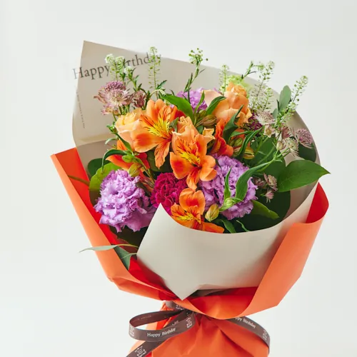 3/1～4/30到着】「Happy Birthaday」のメッセージ付き カラードブーケ