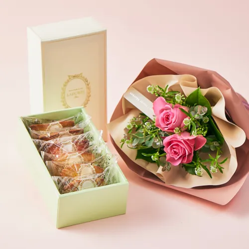 3/6～3/15到着】パリのメゾンの焼き菓子と想いが伝わるバラブーケ