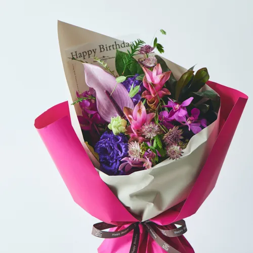 8/1～8/17到着】「Happy Birthaday」のメッセージ付き ピンク×紫の