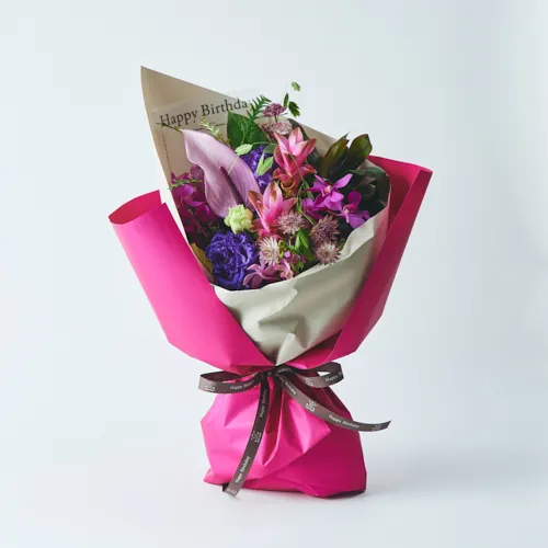 8/1～8/17到着】「Happy Birthaday」のメッセージ付き ピンク×紫の