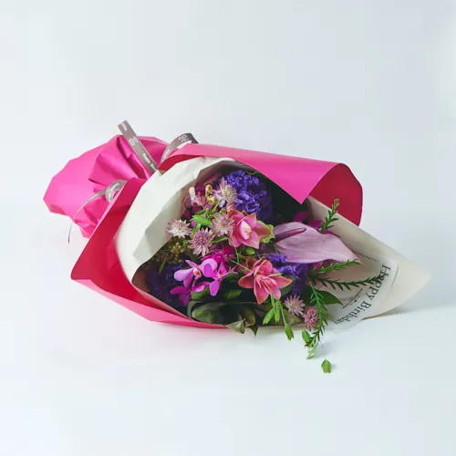 8/1～8/17到着】「Happy Birthaday」のメッセージ付き ピンク×紫の