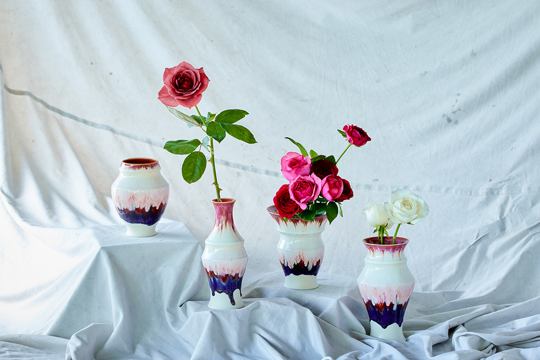 インテリア置物 九谷焼 花瓶 秋草芙蓉 芦湖作