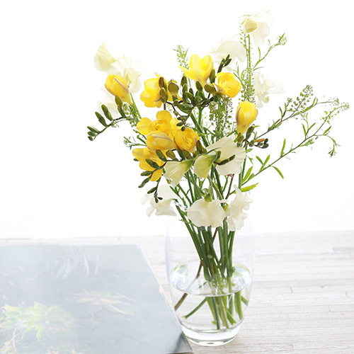Weekly Flower フリージア 黄色 スイートピーと季節のグリーン 青山フラワーマーケット公式 花屋 花 花束 フラワーギフト 通販